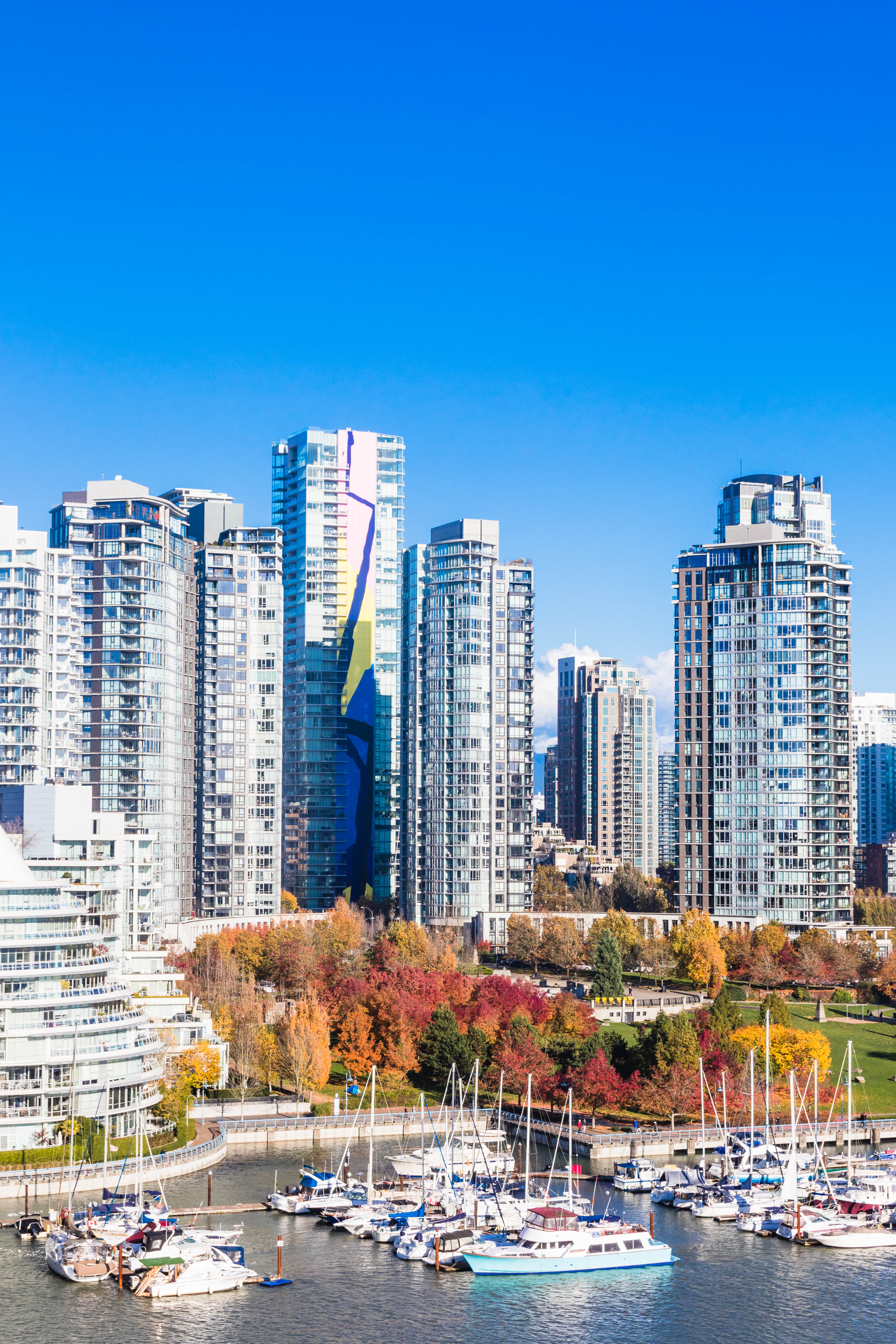 City skyline and harbour under blue sky