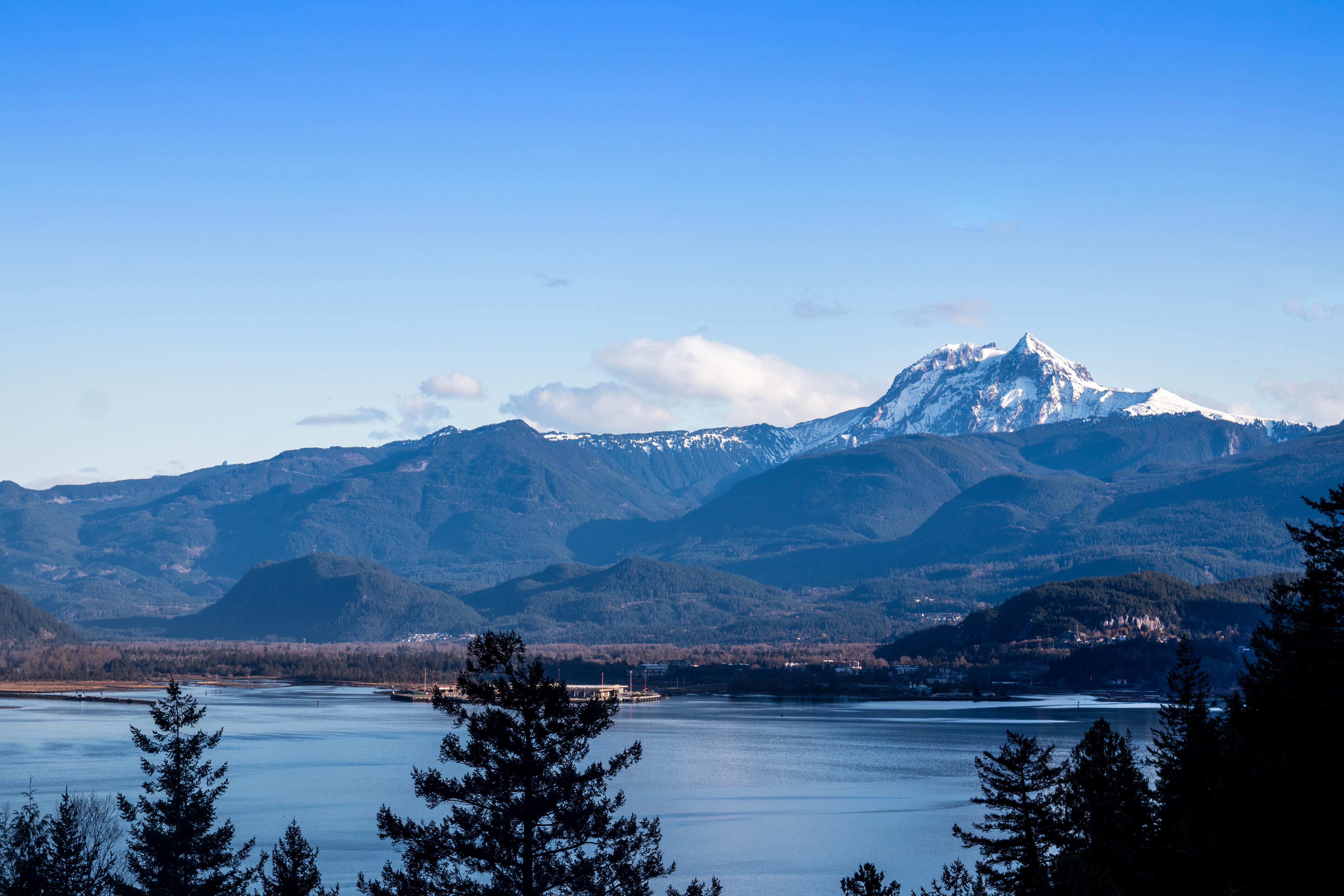 Snow-capped mountains over a calm lake