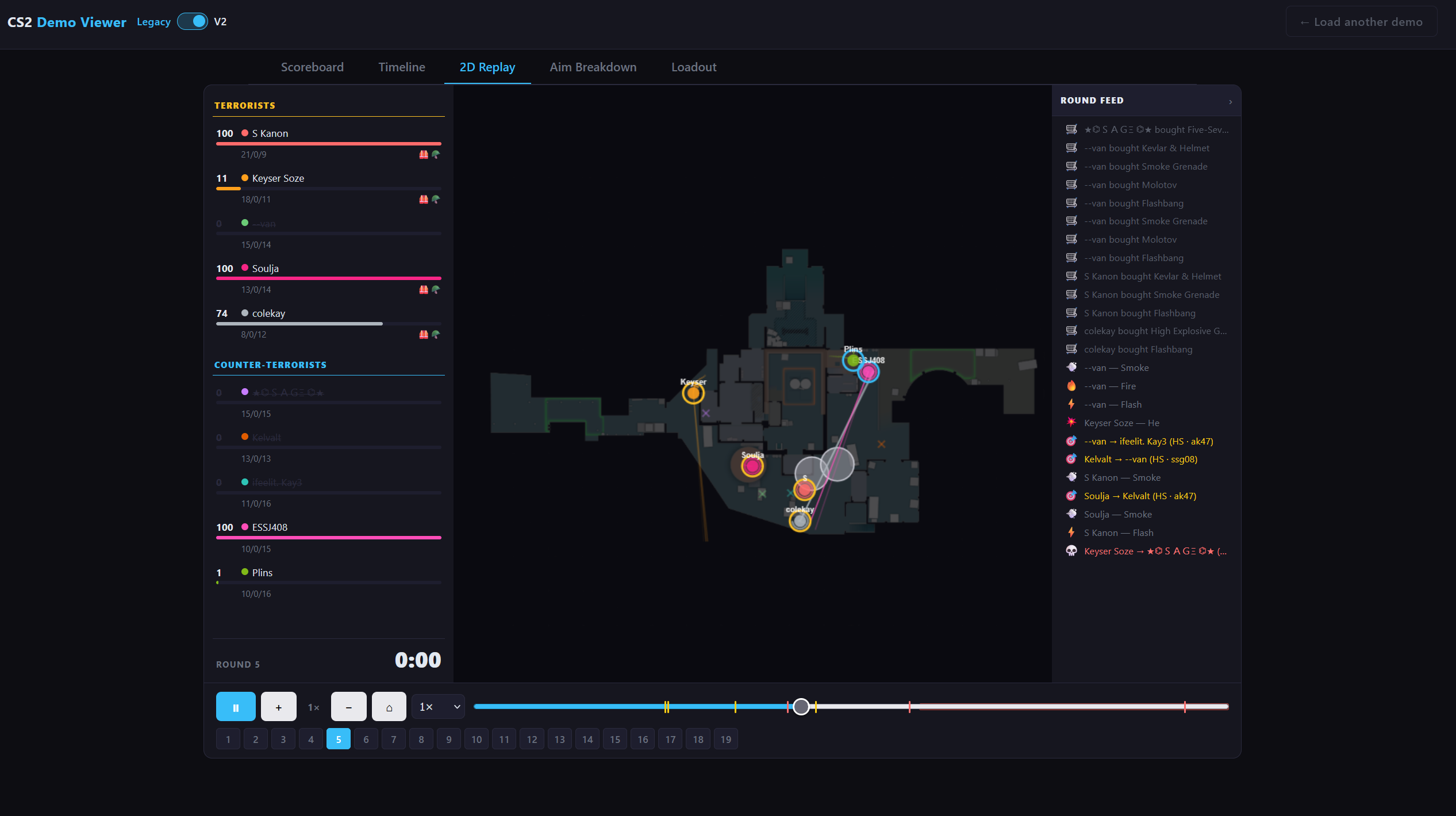 CS2 Demo Viewer — 2D replay panel with minimap and playback controls