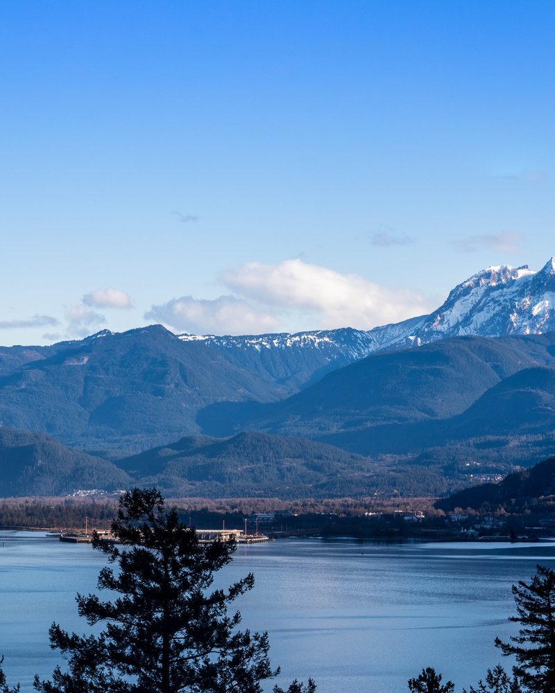 Snow-capped mountains over a calm lake